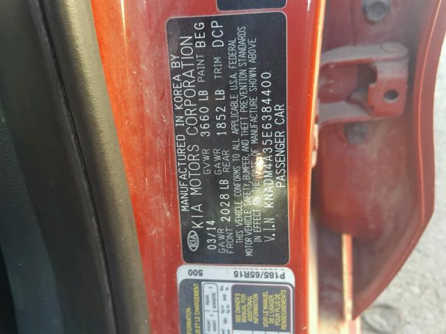 KNADM4A35E6384400 - 2014 KIA RIO LX RED photo 10