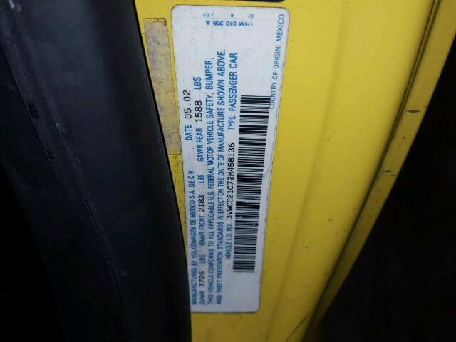 3VWCD21C72M458136 - 2002 VOLKSWAGEN NEW BEETLE 黄色 照片 10