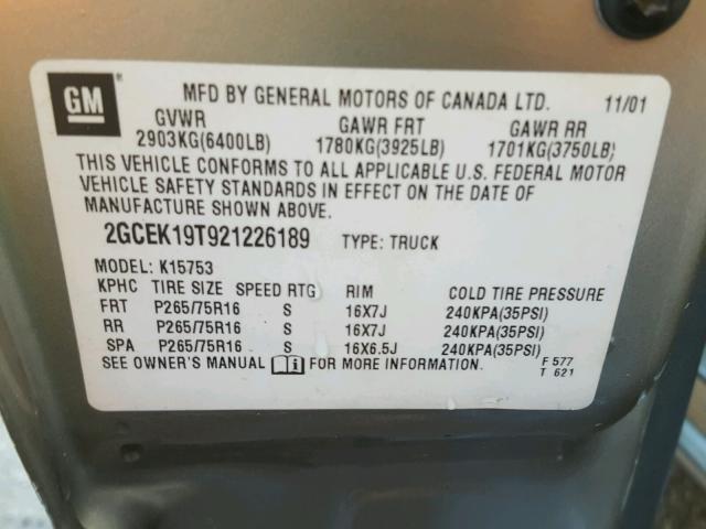 2GCEK19T921226189 - 2002 CHEVROLET SILVERADO TAN photo 10