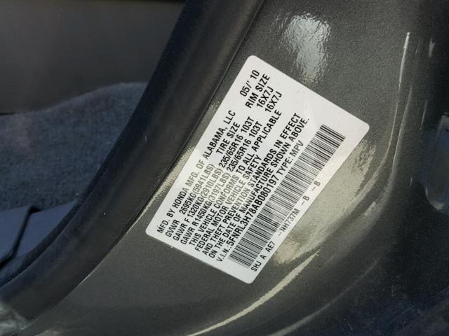 5FNRL3H78AB080197 - 2010 HONDA ODYSSEY EX GRAY photo 10