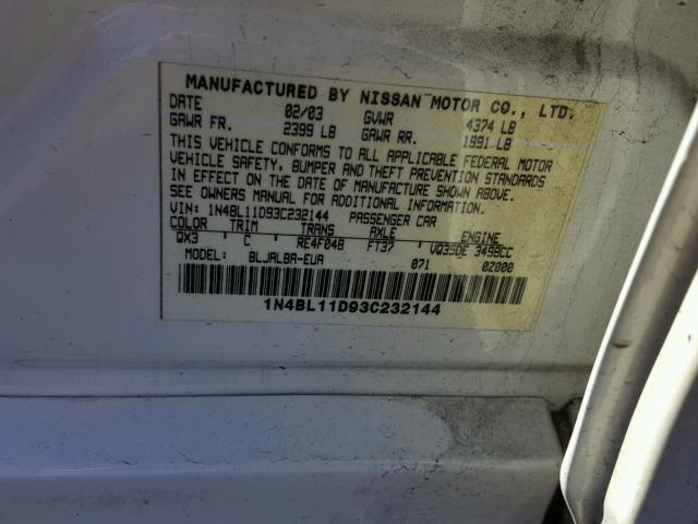 1N4BL11D93C232144 - 2003 NISSAN ALTIMA SE WHITE photo 10