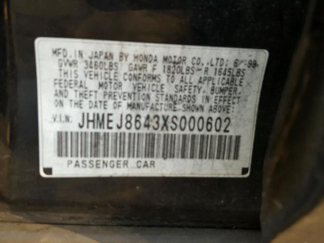 JHMEJ8643XS000602 - 1999 HONDA CIVIC EX BLACK photo 10