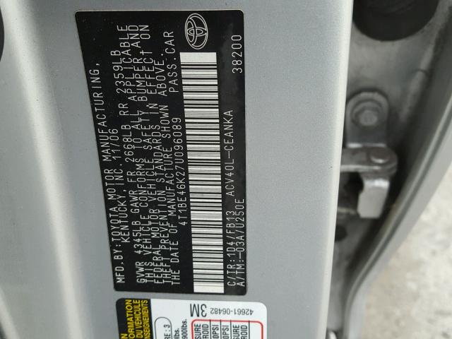 4T1BE46K27U096089 - 2007 TOYOTA CAMRY NEW SILVER photo 10