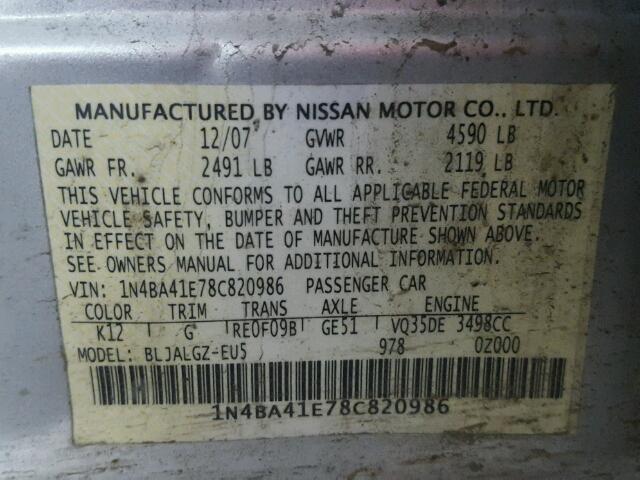 1N4BA41E78C820986 - 2008 NISSAN MAXIMA SE SILVER photo 10