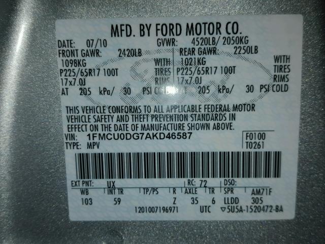 1FMCU0DG7AKD46587 - 2010 FORD ESCAPE XLT SILVER photo 10