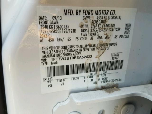 1FT7W2BT0EEA52433 - 2014 FORD F250 SUPER WHITE photo 10