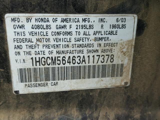 1HGCM56463A117378 - 2003 HONDA ACCORD LX BLACK photo 10