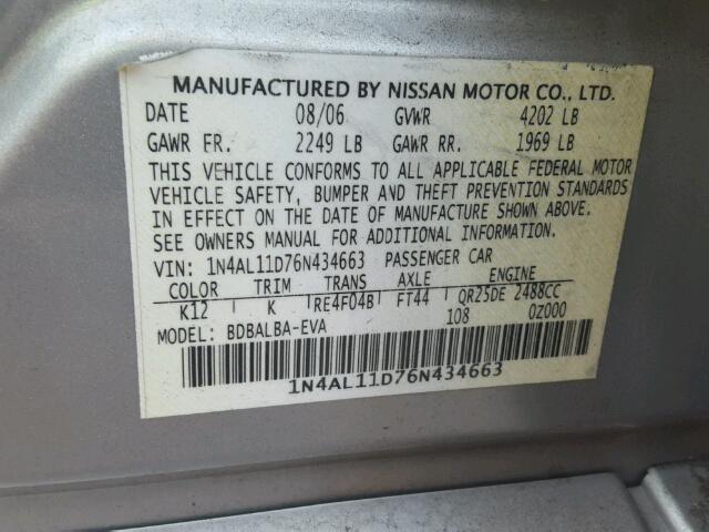 1N4AL11D76N434663 - 2006 NISSAN ALTIMA S SILVER photo 10