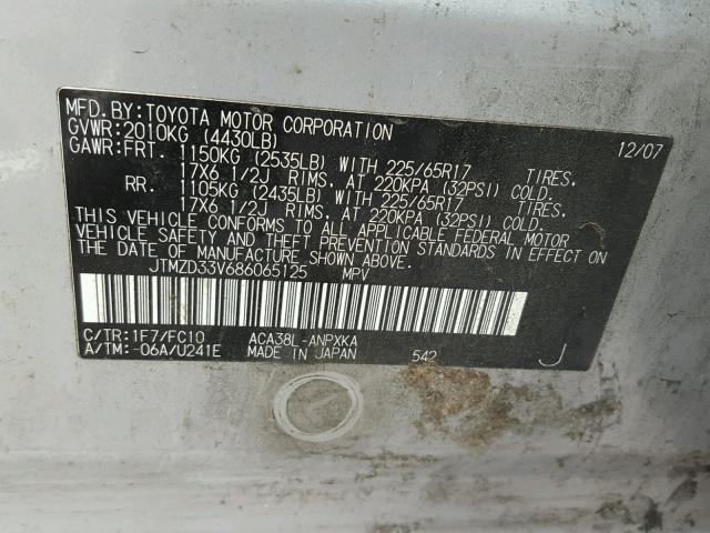 JTMZD33V686065125 - 2008 TOYOTA RAV4 SILVER photo 10