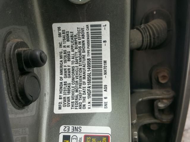 1HGFA16856L149958 - 2006 HONDA CIVIC EX GRAY photo 10