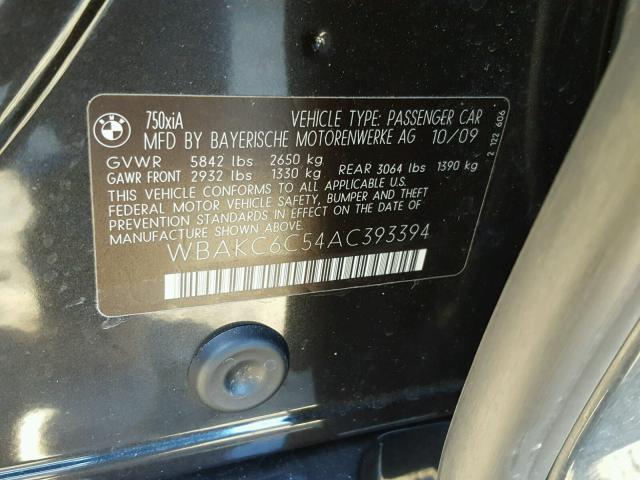 WBAKC6C54AC393394 - 2010 BMW 750 I BLACK photo 10