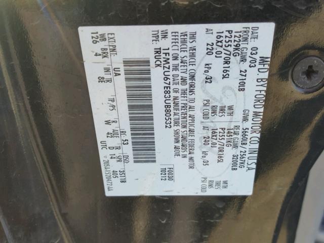 1FMZU67E83UB80532 - 2003 FORD EXPLORER S BLACK photo 10