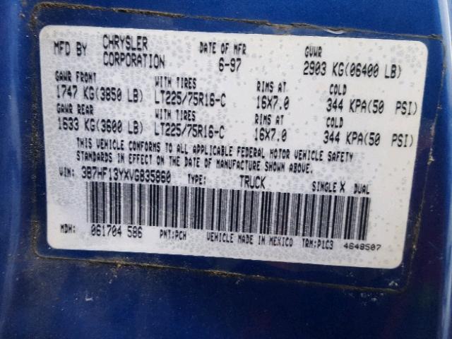 3B7HF13YXVG835860 - 1997 DODGE RAM 1500 BLUE photo 10