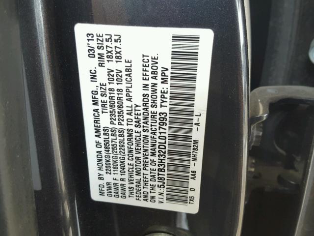 5J8TB3H32DL017993 - 2013 ACURA RDX BASE GRAY photo 10