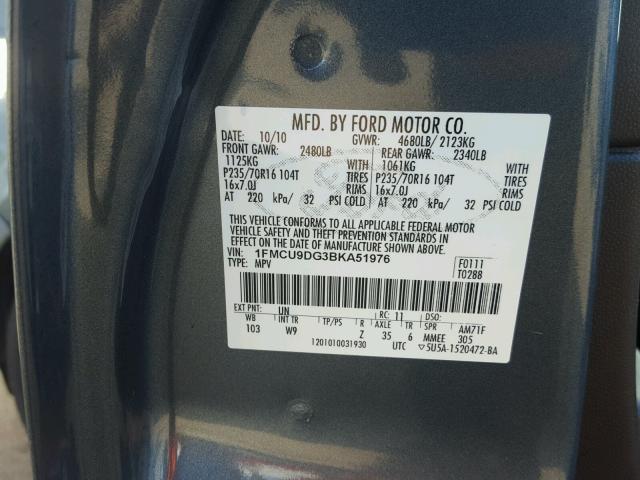 1FMCU9DG3BKA51976 - 2011 FORD ESCAPE XLT BLUE photo 10