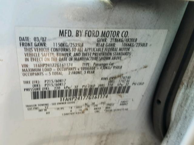 1FAHP24177G161174 - 2007 FORD FIVE HUNDR WHITE photo 10