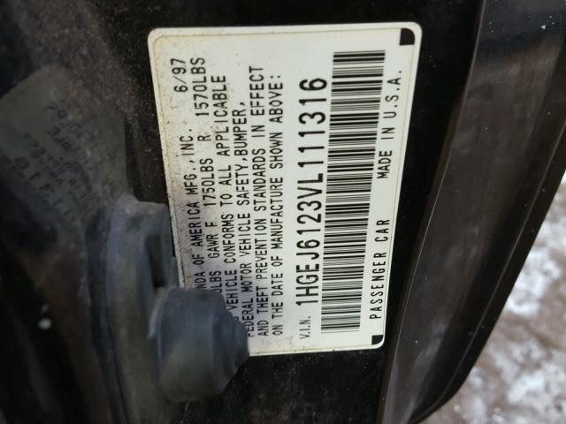 1HGEJ6123VL111316 - 1997 HONDA CIVIC DX BLACK photo 10