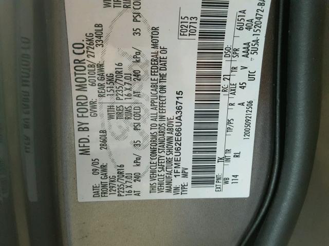 1FMEU62E66UA36715 - 2006 FORD EXPLORER X GOLD photo 10