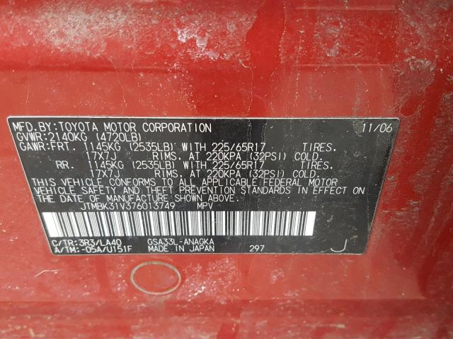 JTMBK31V376013749 - 2007 TOYOTA RAV4 LIMIT RED photo 10