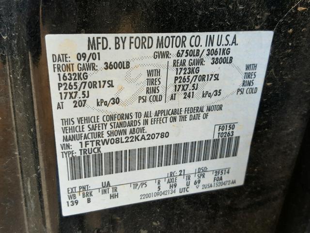 1FTRW08L22KA20780 - 2002 FORD F150 SUPER BLACK photo 10