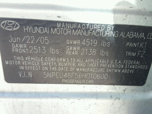 5NPEU46F56H010600 - 2006 HYUNDAI SONATA GLS SILVER photo 10