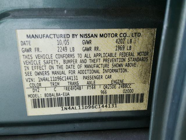 1N4AL11D96C144131 - 2006 NISSAN ALTIMA S GREEN photo 10