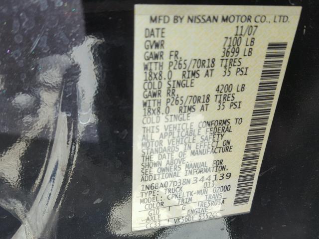 1N6BA07D38N344139 - 2008 NISSAN TITAN XE BLACK photo 10