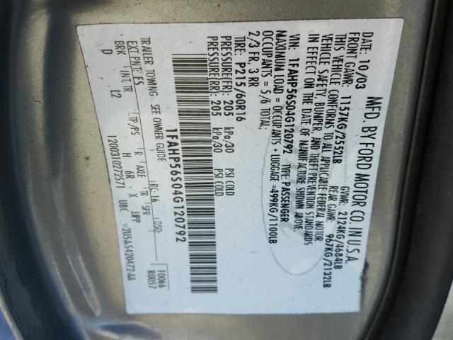 1FAHP56S04G120792 - 2004 FORD TAURUS SEL GRAY photo 10