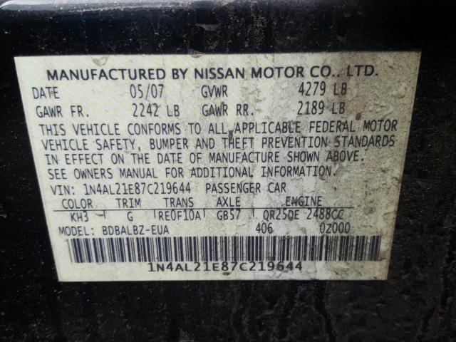 1N4AL21E87C219644 - 2007 NISSAN ALTIMA 2.5 BLACK photo 10