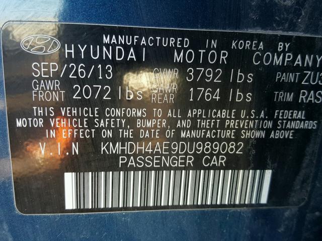 KMHDH4AE9DU989082 - 2013 HYUNDAI ELANTRA GL BLUE photo 10