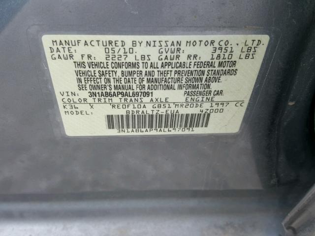 3N1AB6AP9AL697091 - 2010 NISSAN SENTRA 2.0 GRAY photo 10