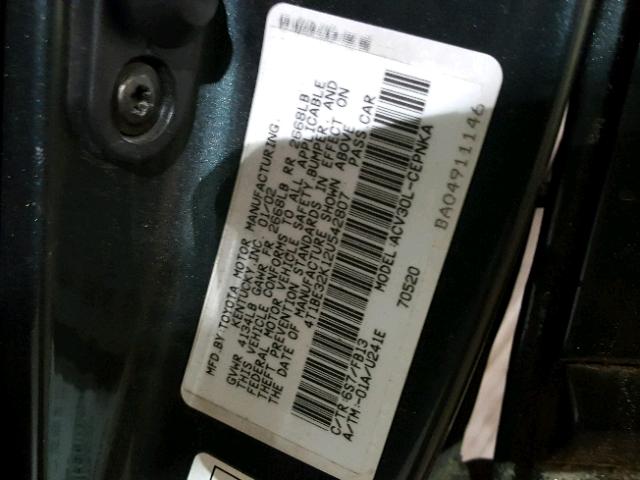 4T1BE32K12U542807 - 2002 TOYOTA CAMRY LE GREEN photo 10