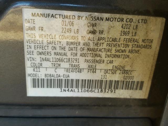 1N4AL11D66C183291 - 2006 NISSAN ALTIMA S GRAY photo 10