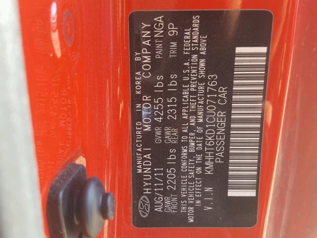 KMHHT6KD1CU071763 - 2012 HYUNDAI GENESIS CO RED photo 10