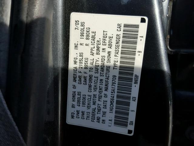 1HGCM56415A179709 - 2005 HONDA ACCORD LX GRAY photo 10