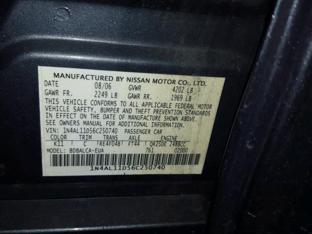 1N4AL11D56C250740 - 2006 NISSAN ALTIMA S GRAY photo 10