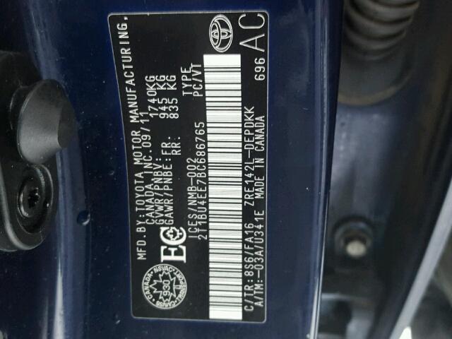 2T1BU4EE7BC686765 - 2011 TOYOTA COROLLA BA BLUE photo 10