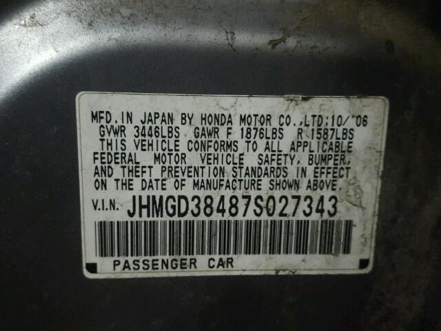 JHMGD38487S027343 - 2007 HONDA FIT GRAY photo 10