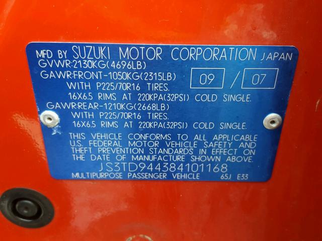 JS3TD944384101168 - 2008 SUZUKI GRAND VITA RED photo 10