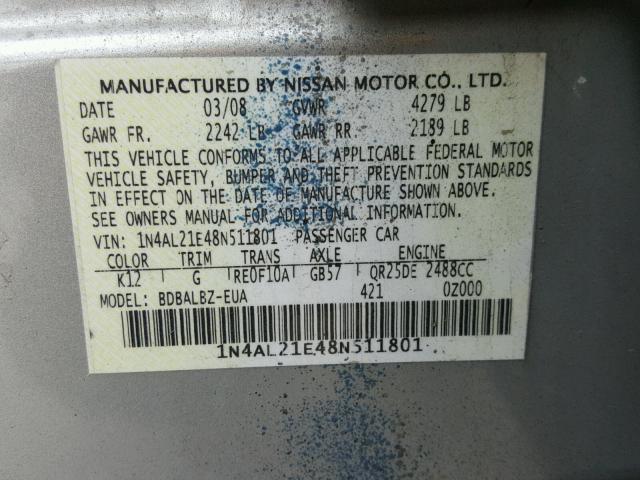 1N4AL21E48N511801 - 2008 NISSAN ALTIMA 2.5 BLUE photo 10