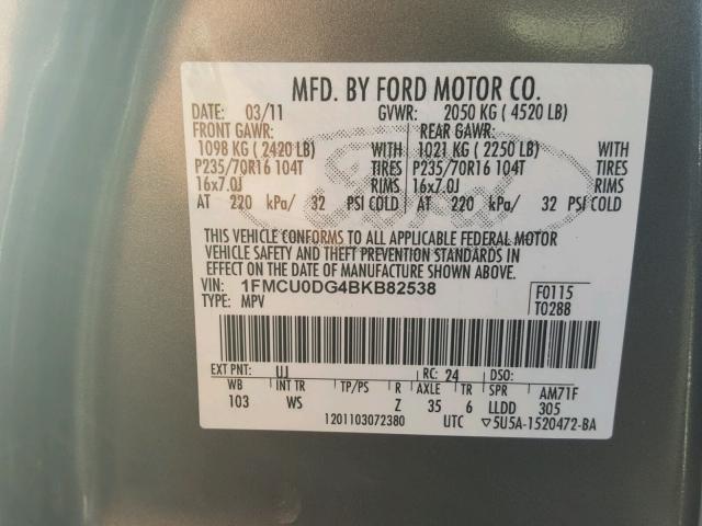 1FMCU0DG4BKB82538 - 2011 FORD ESCAPE XLT GRAY photo 10