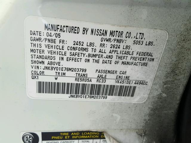 JNKBY01E76M203799 - 2006 INFINITI M45 BASE WHITE photo 10