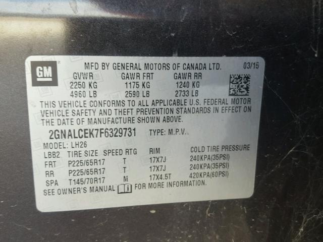 2GNALCEK7F6329731 - 2015 CHEVROLET EQUINOX LT GRAY photo 10