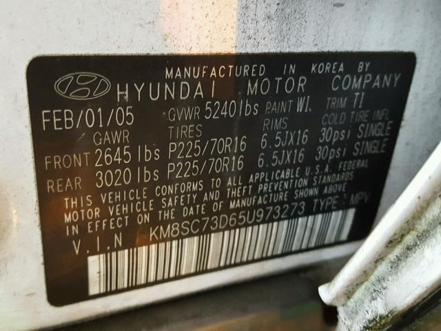 KM8SC73D65U973273 - 2005 HYUNDAI SANTA FE G WHITE photo 10