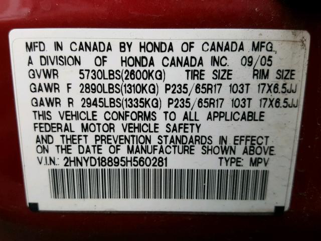 2HNYD18895H560281 - 2005 ACURA MDX TOURIN RED photo 10