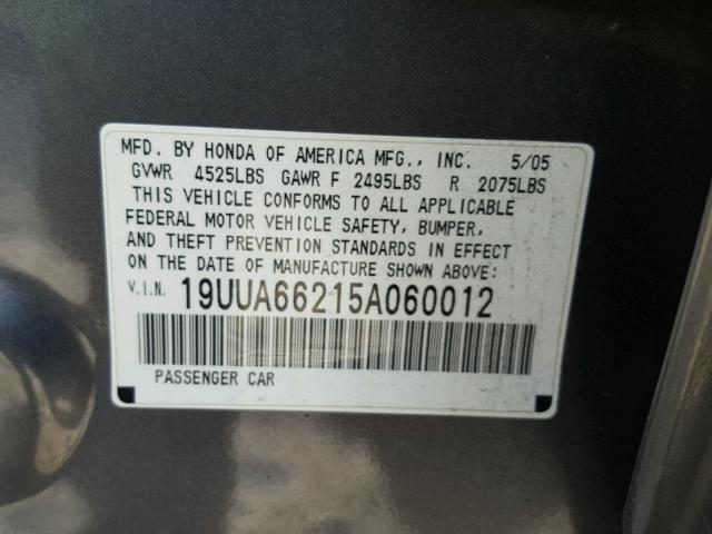 19UUA66215A060012 - 2005 ACURA TL GRAY photo 10