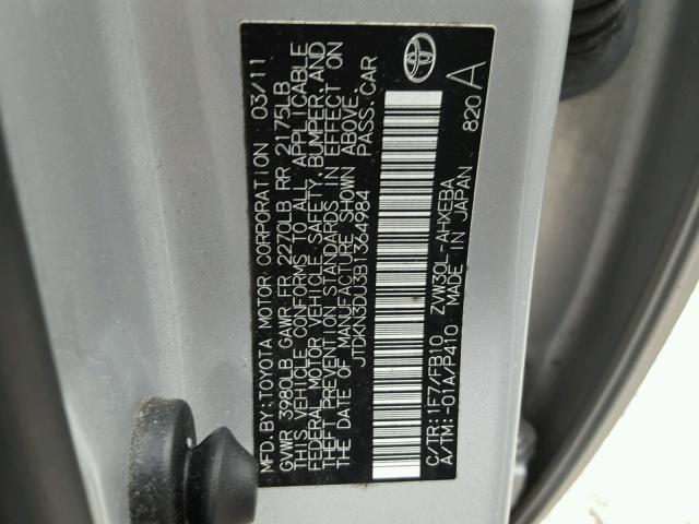 JTDKN3DU3B1364984 - 2011 TOYOTA PRIUS SILVER photo 10