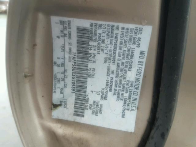 1FAFP58UXXG289891 - 1999 FORD TAURUS SE BEIGE photo 10