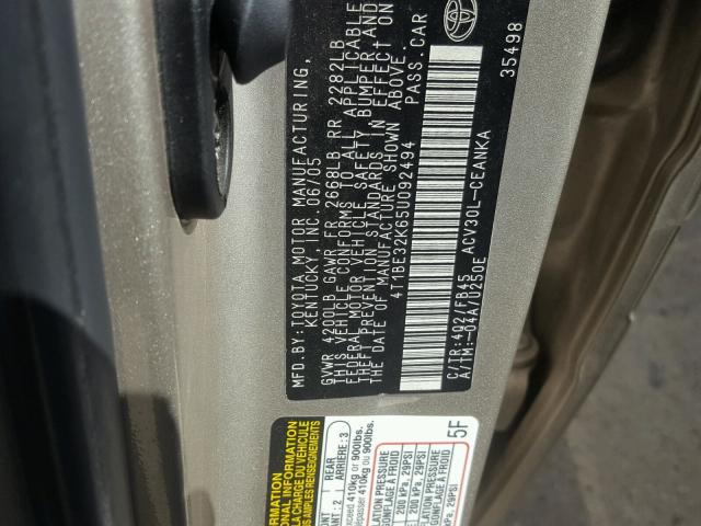 4T1BE32K65U092494 - 2005 TOYOTA CAMRY LE GOLD photo 10