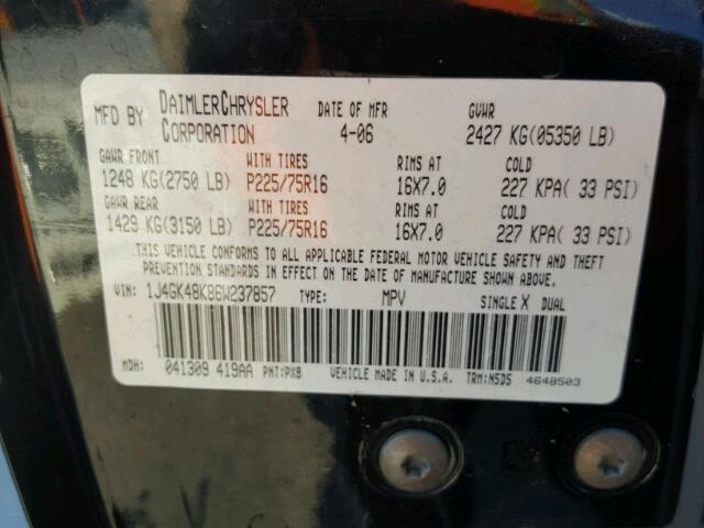 1J4GK48K86W237857 - 2006 JEEP LIBERTY SP BLACK photo 10